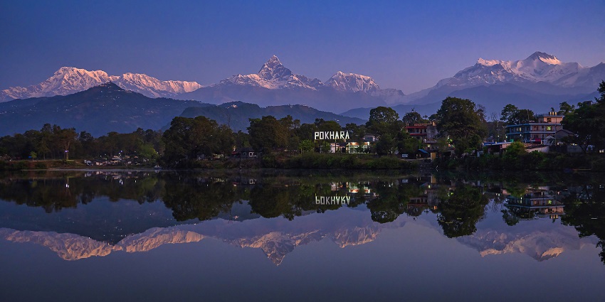 Majestic Snapshot of Pokhara town with Himalayas in the background in Nepal