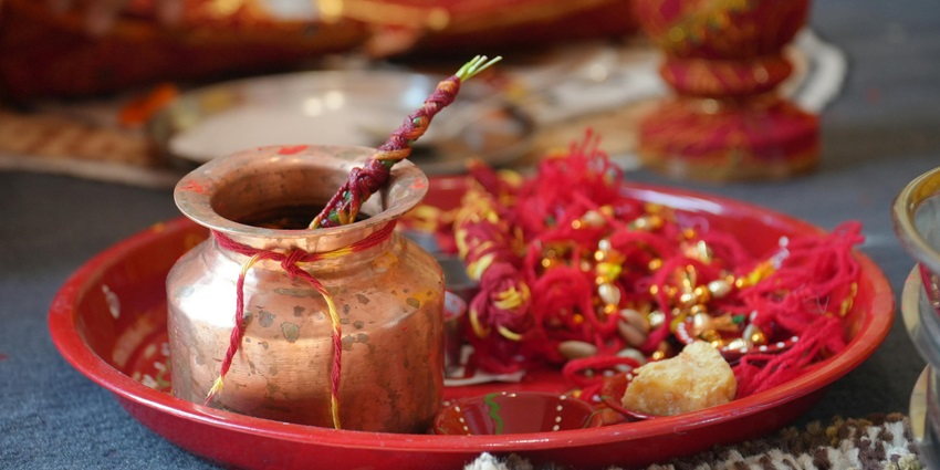 Pooja Articles on Pooja Thali During Hindu Rituals in Shree Jwalaji Temple.