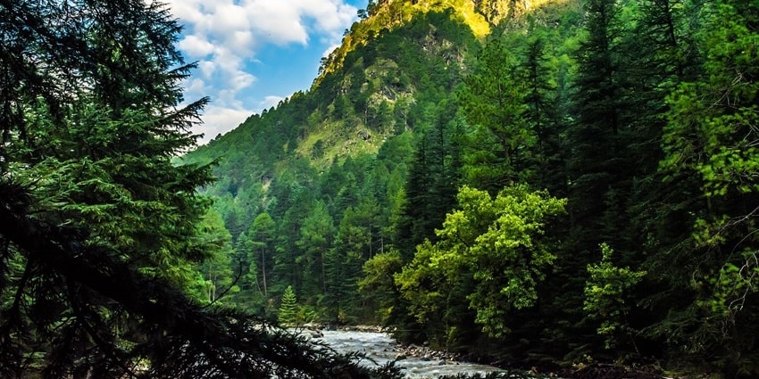 beautiful image of the Himalayan mountain surrounded by forest and hot springs in vacinity