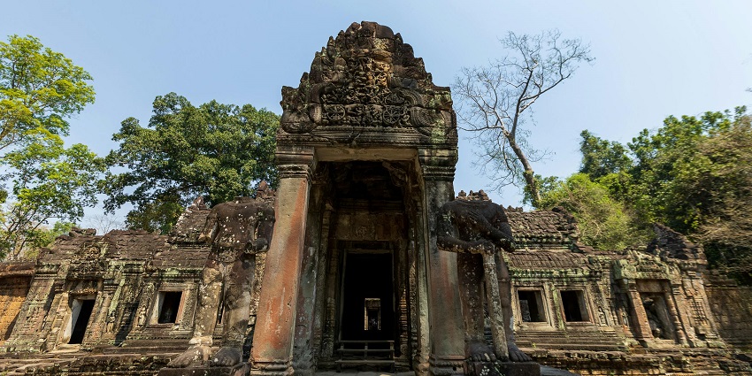 Explore the unique architecture of Preah Khan temple known for its Buddhist teachings.