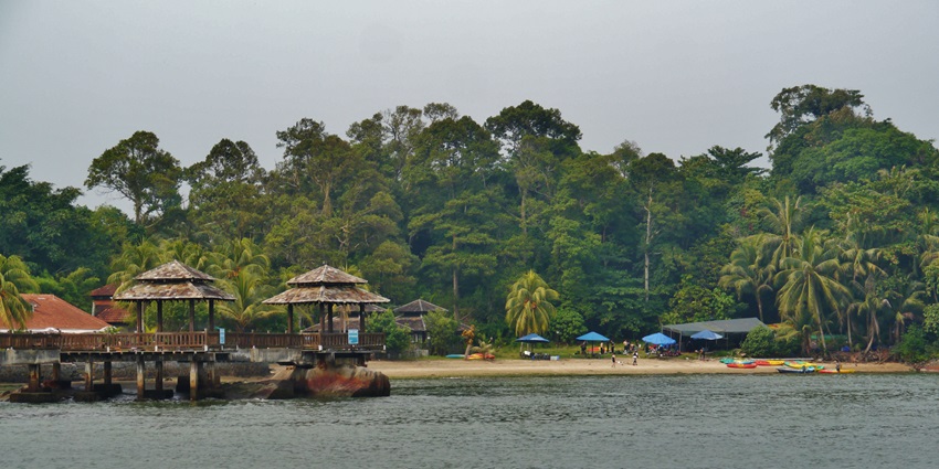 Scenic view of Pulau Ubin, showcasing its lush greenery and rustic kampung-style architecture.