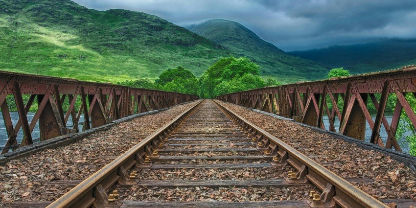 A brown train track stretches into the distance, surrounded by lush greenery and a clear sky.
