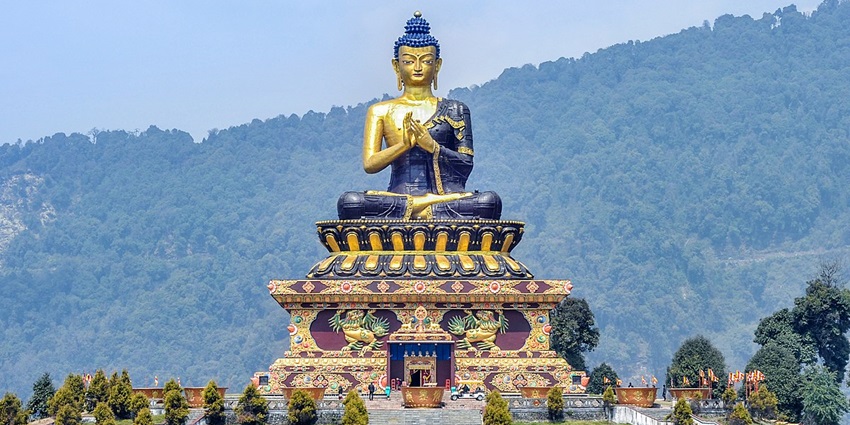 The spectacular view of the grand Buddha statue at Buddha Park of Ravangla, Sikkim, India.