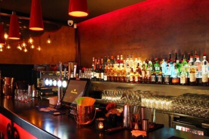 A picture of a bar counter with drinks