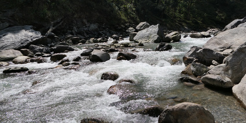 Water cascading down Rimbi Waterfall, framed by lush vegetation in Pelling, West Sikkim