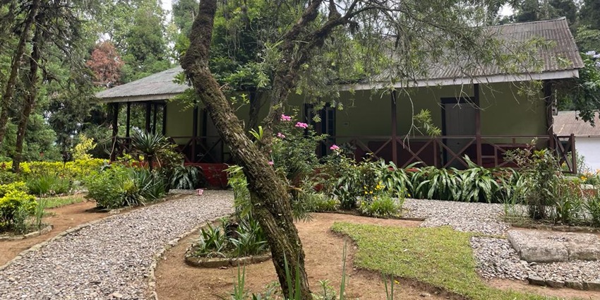 olonial wooden Dak Bungalow at Rinchenpong nestled among alpine trees and gardens–rinchenpong monastery