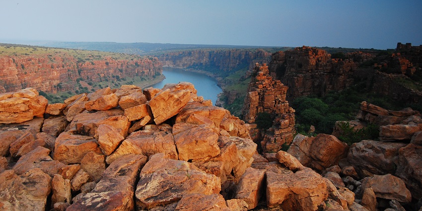 View of Gandikota village with a historical fort on the right, showcasing stunning landscapes.