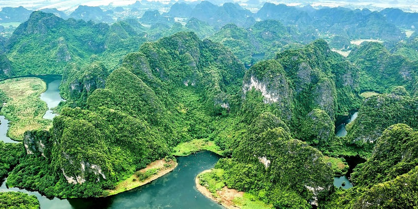 Panoramic aerial snapshot of a river passing through the Kane Wildlife Sanctuary