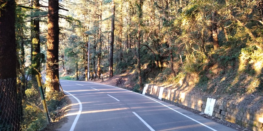 Snap of a road passing through the forest and the hills around the Hatkoti town