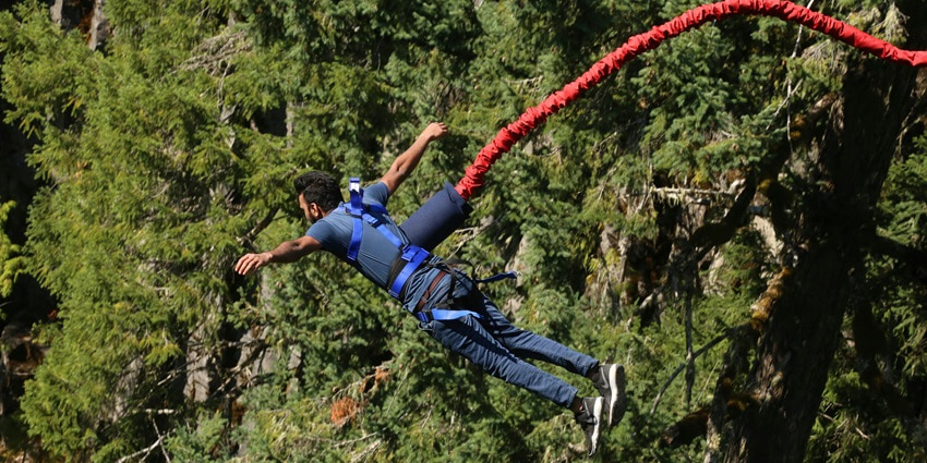 A glimpse of a person jumping from a cliff as a part of the exhilarating rocket bungee.