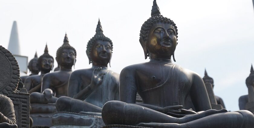 A glimpse of rows of Buddhas painted in black hues are elegantly nestled in this abode.