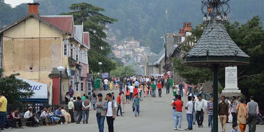 One of the best places to visit in Shimla in December, Scandal Point, with festive decorations, is lively.