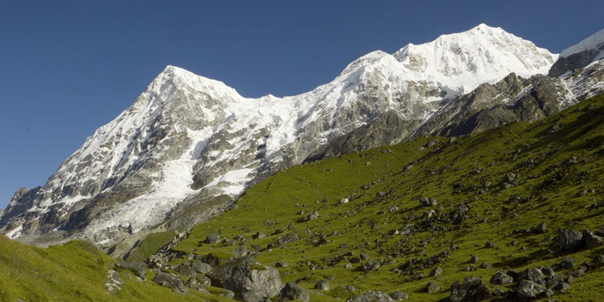 Lush green fields of the national park overlooking the snow- covered peaks