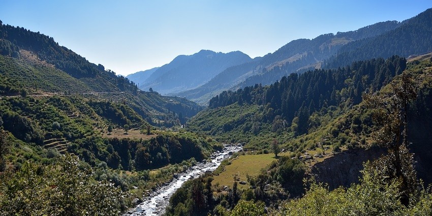 Sparkling downstream meandering through lush landscapes with forested hill in the background