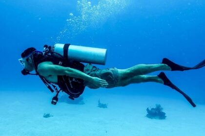 A scuba diver clicked enjoying underwater