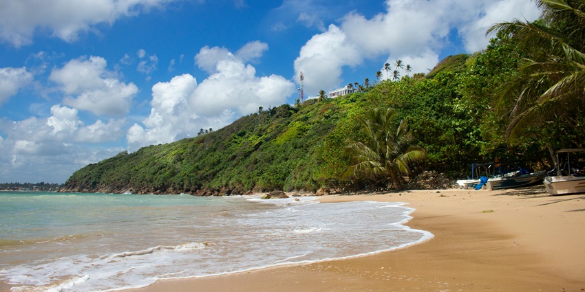 Scenic beach with golden sand beside a lush green mountain - places to visit in Galle.