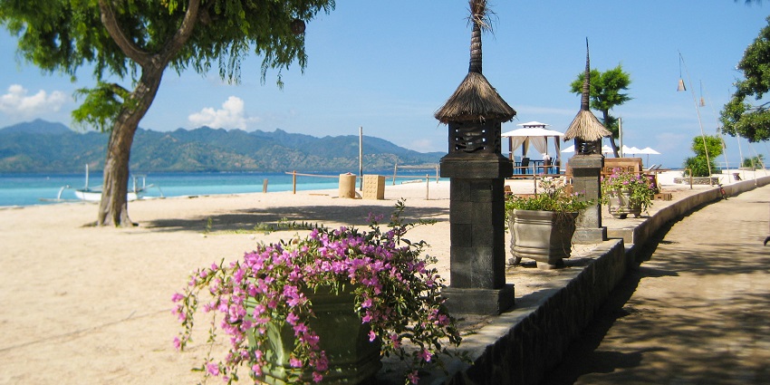 A picture of a beach with a plant lane and beautiful waters for snorkelling in Gili Islands