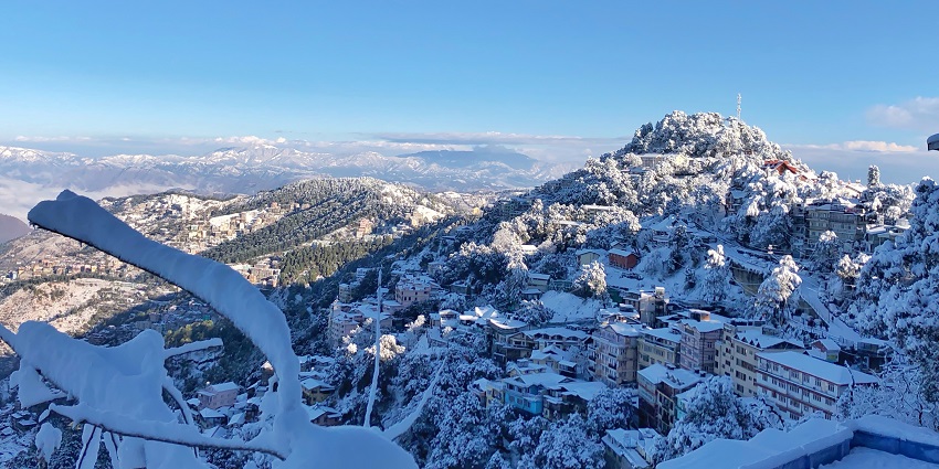A picture of snow-covered houses and trees in Shimla after a heavy snowfall