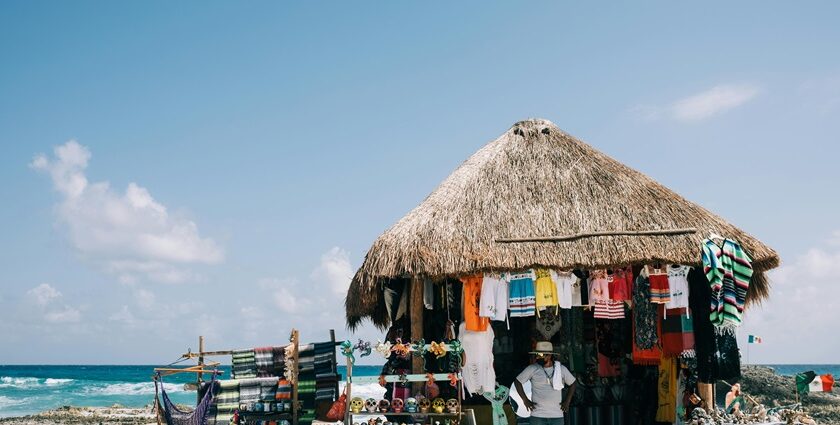 A mesmerising view of a shop with different colourful clothes and accessories displayed.