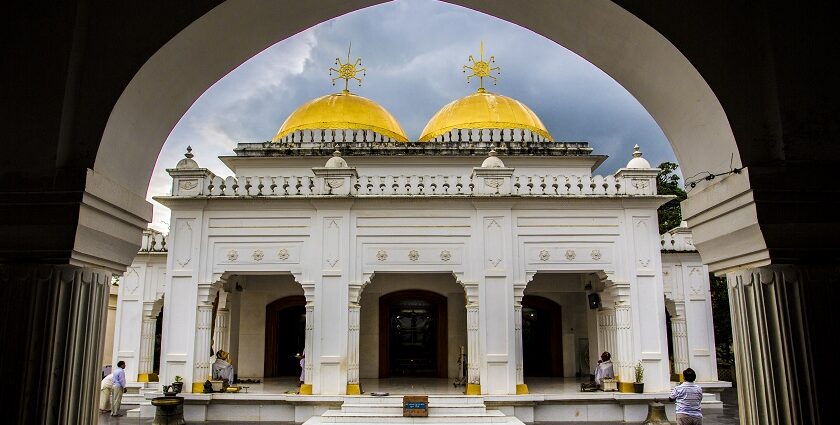 Image of Shri Govind Ji Temple in Manipur with its grand façade, ornate decorations.