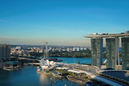 Aerial panoramic snapshot of the city of Singapore taken from certain height