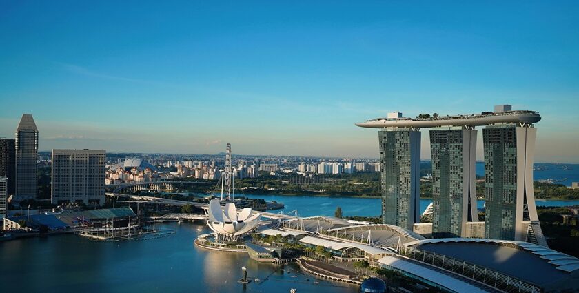 Aerial panoramic snapshot of the city of Singapore taken from certain height