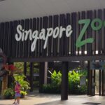 Singapore Zoo entry, showcasing the grand entrance with welcoming signage, lush greenery.