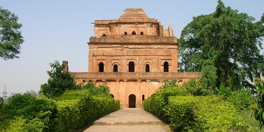 A front view of the Ahom Raja's Palace elegantly nestled in Garhgaon, Sivasagar.