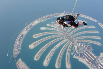 A breathtaking aerial view of people skydiving over Palm Jumeirah during the daytime.