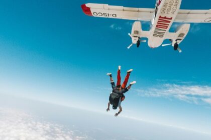 Image of a Tandem skydiver leaping of a plane during skydiving Vietnam