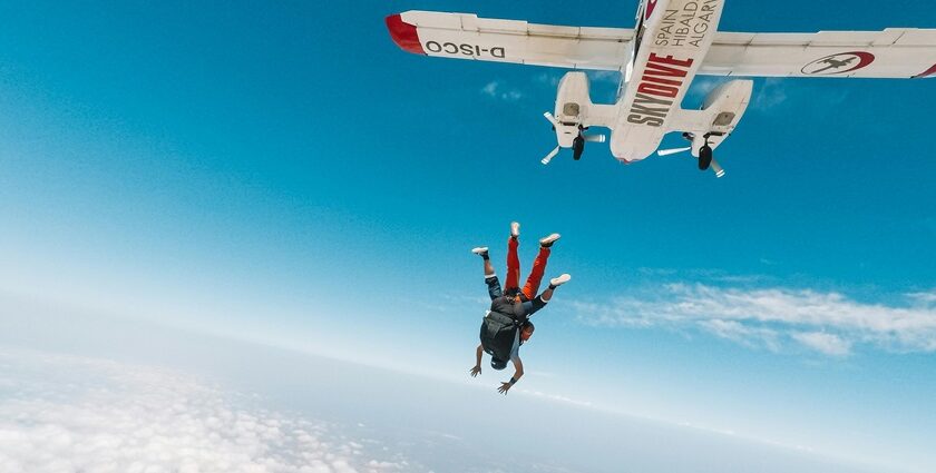 Image of a Tandem skydiver leaping of a plane during skydiving Vietnam