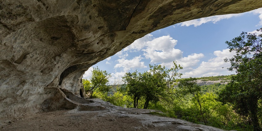 A stunning view of a cave entrance surrounded by lush greenery and rocky formations.