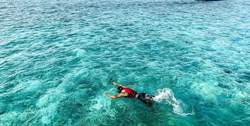 A glimpse of a person swimming in the turquoise-blue waters of the majestic sea.