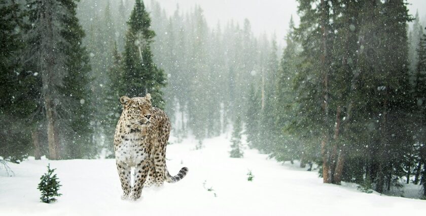 Beautiful image of the Snow Leopard spotted in the snowy hills of the Himalaya