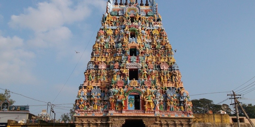 View of the colourful architecture of a holy shrine located in a southern state of India.