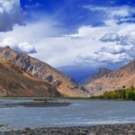 Panoramic view of the Spiti river streaming thought a valley, the place to visit in may for an escape