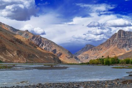 Panoramic view of the Spiti river streaming thought a valley, the place to visit in may for an escape