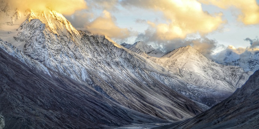 A panoramic view of the snow-covered mountains of Spiti Valley in Himachal Pradesh, India