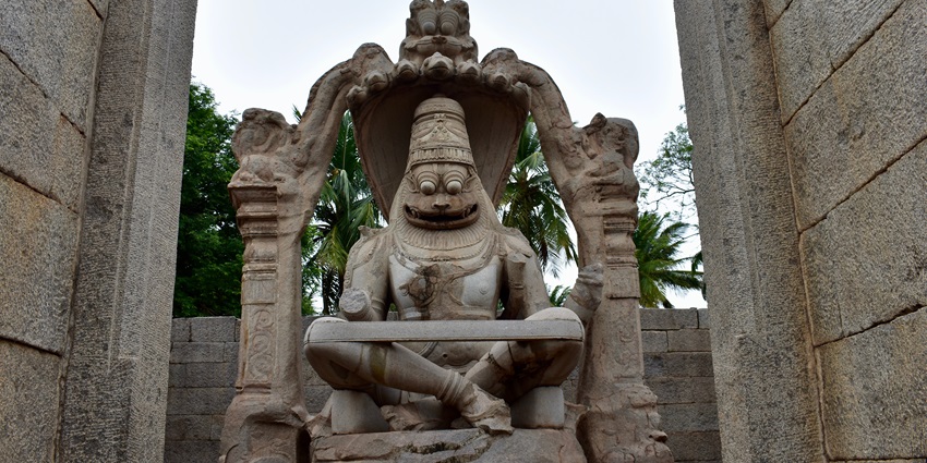 A picture of the idol of Lord Vishnu in the Narasimha avatar at a temple in Kerala