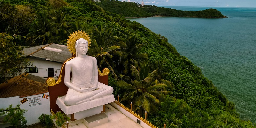 A beautiful view of a huge white statue of Buddha with lush greenery in surroundings.