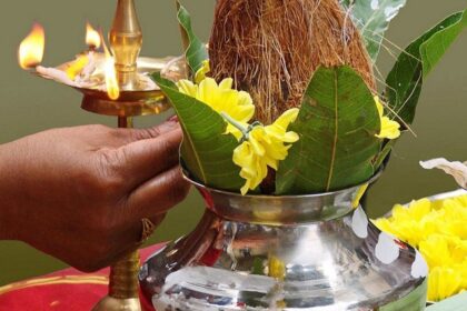 View of a pot with coconut and leaves during the celebration of Sri Lankan New Year.