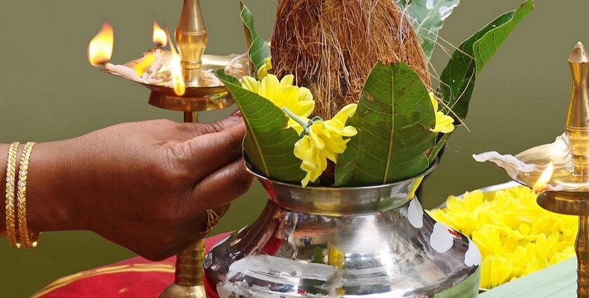 View of a pot with coconut and leaves during the celebration of Sri Lankan New Year.