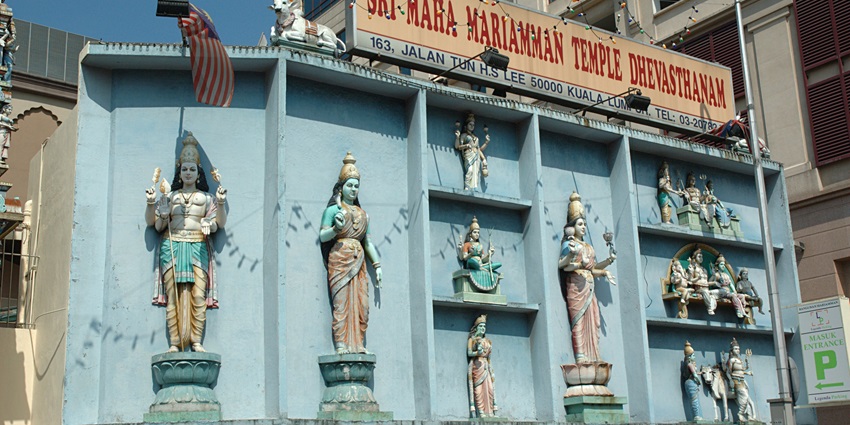 Sculptures of Hindu Gods on the wall of a Kaliamman Temple