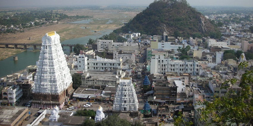 Aerial view of the beautiful Srikalahasti Temple situated in the hills of Chittor district