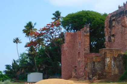 An image of a red wall of a fort surrounded by trees, with a sea nearby