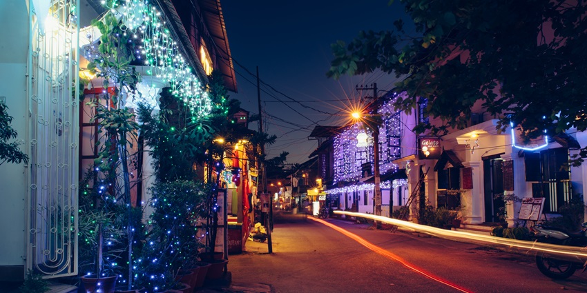 Illuminated streets near fort Kochi on new years eve where grand festivities are organised