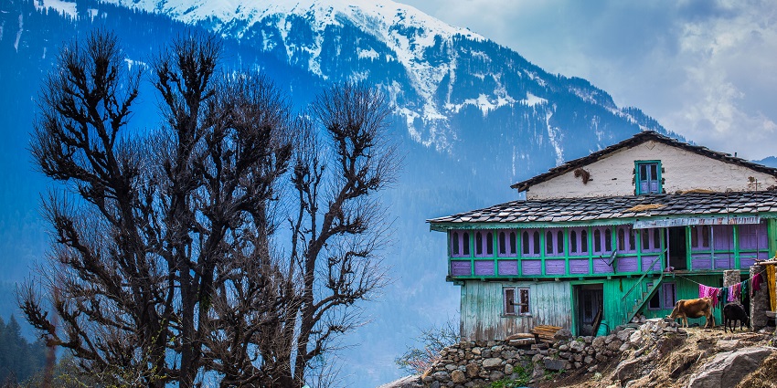 A breathtaking view of a house against a backdrop of snow-covered mountains in Himachal.