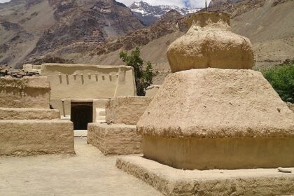 The beautiful view of Tabo village from the top of the Tabo caves, Spiti Valley.