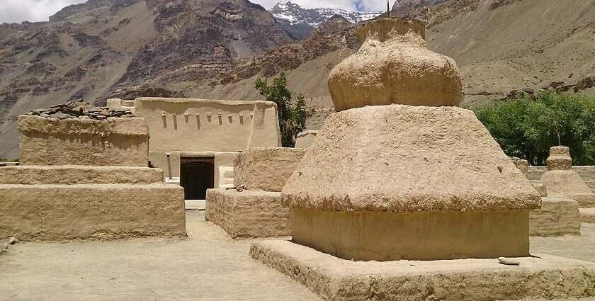 The beautiful view of Tabo village from the top of the Tabo caves, Spiti Valley.