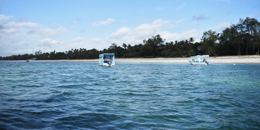 A picture showing boats sailing in the ocean with a beach visible in the background